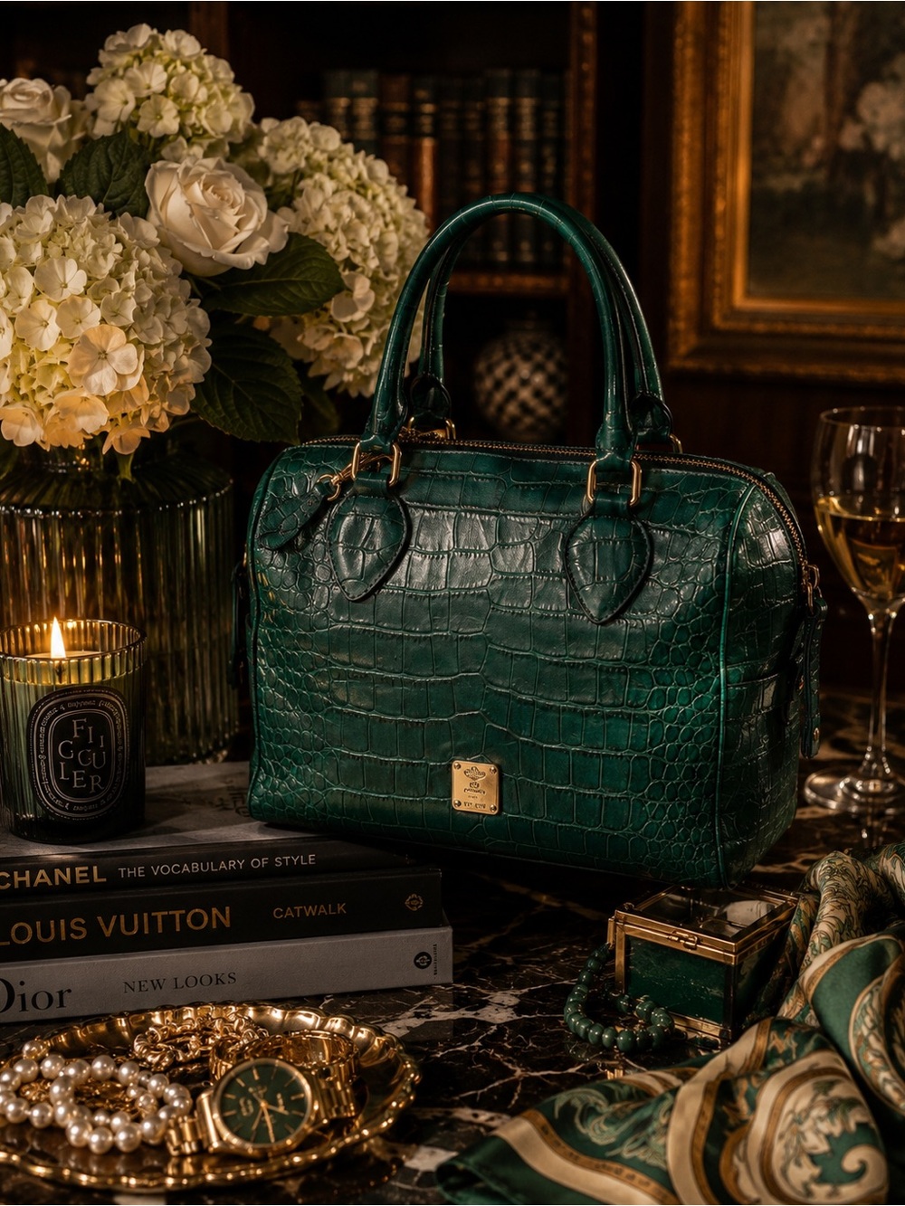MCM 1st Lady Collection Teal Crocodile-Embossed Satchel